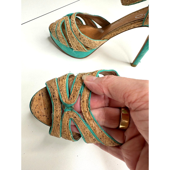 Aldo Platform Turquoise Suede & Tan Cork Stiletto Heel Ankle Strap Sandal 5.5 - Picture 10 of 16